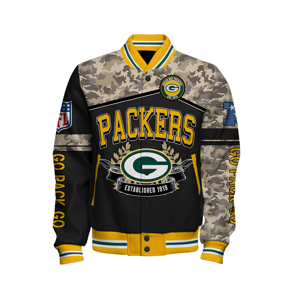 Green Bay Packers Go Pack Go National Football League Print Varsity Jacket - Famjoys Green Bay Packers Go Pack Go National Football League Print Varsity Jacket - Famjoys