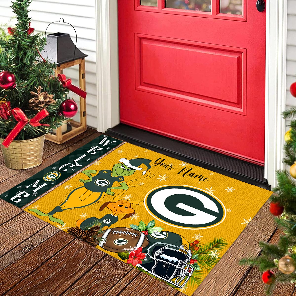 Green Bay Packers Grinch Christmas Welcome Football Doormat - Famjoys Green Bay Packers Grinch Christmas Welcome Football Doormat - Famjoys