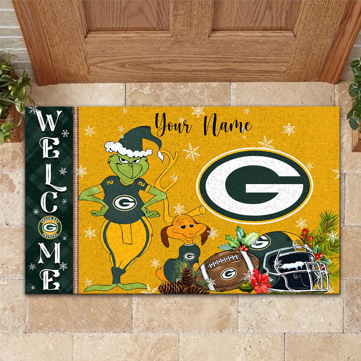 Green Bay Packers Grinch Christmas Welcome Football Doormat - Famjoys Green Bay Packers Grinch Christmas Welcome Football Doormat - Famjoys