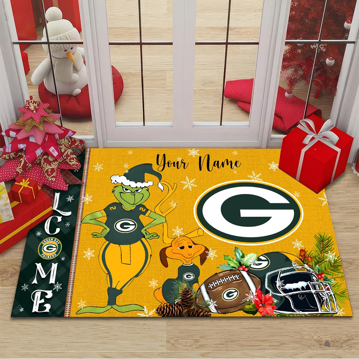 Green Bay Packers Grinch Christmas Welcome Football Doormat - Famjoys Green Bay Packers Grinch Christmas Welcome Football Doormat - Famjoys