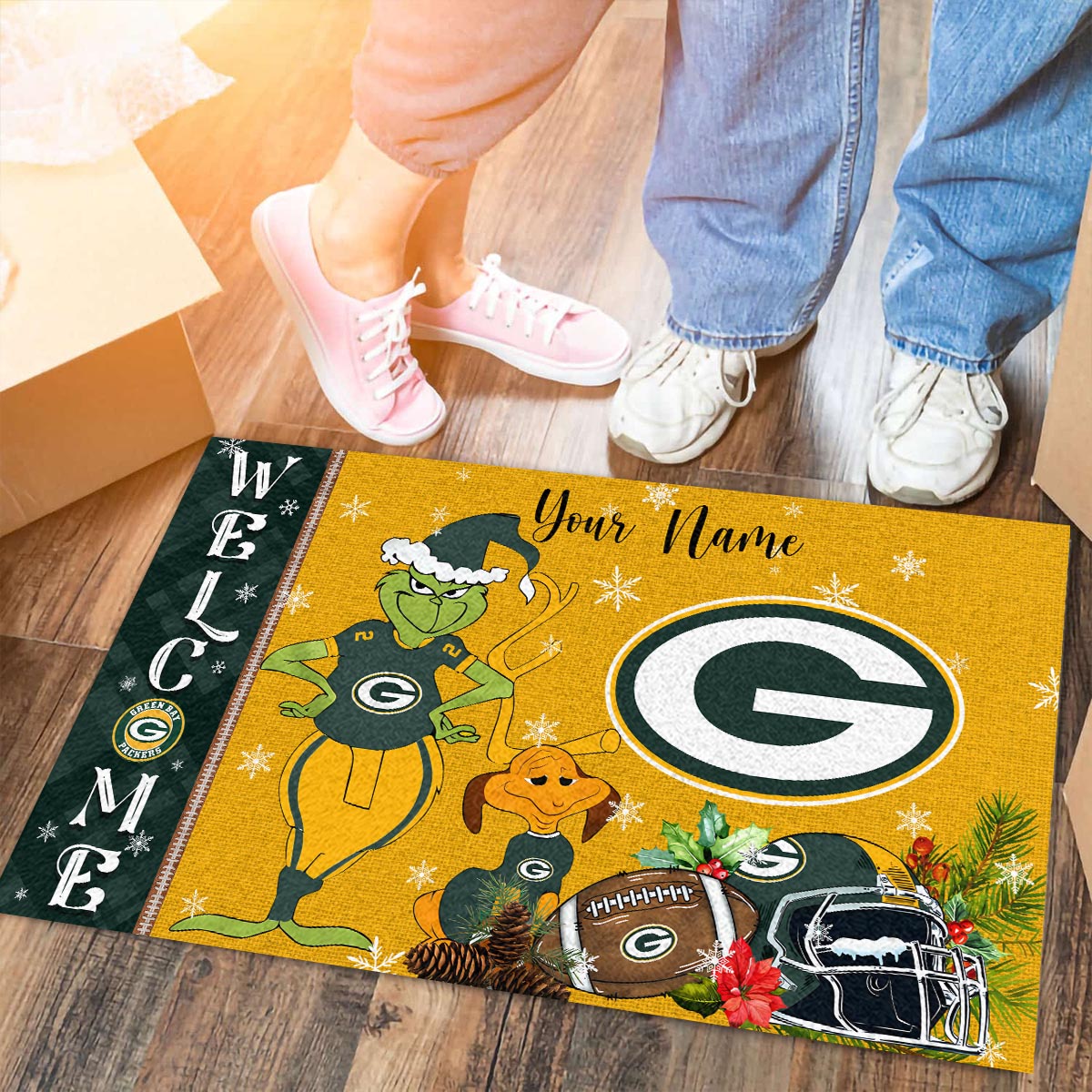 Green Bay Packers Grinch Christmas Welcome Football Doormat - Famjoys Green Bay Packers Grinch Christmas Welcome Football Doormat - Famjoys