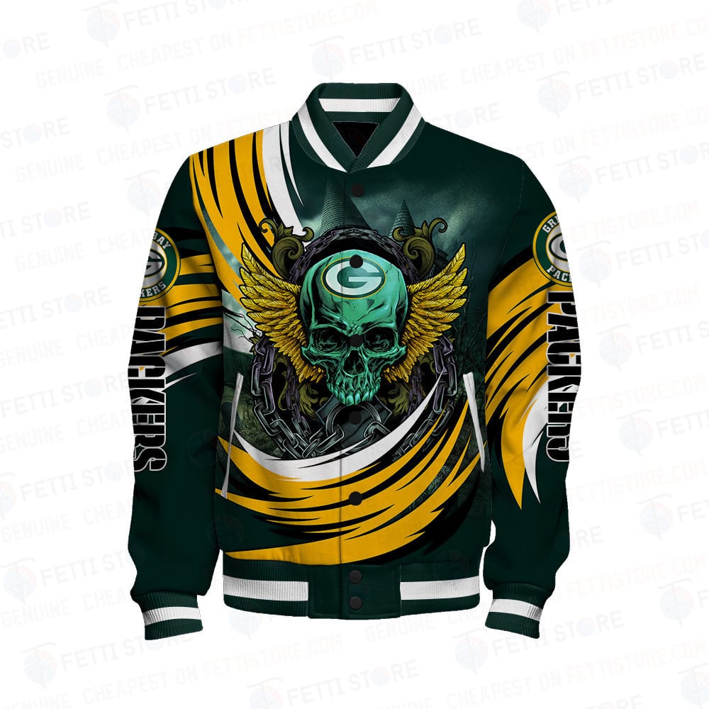 Green Bay Packers Halloween Magic Pattern Varsity Jacket - Famjoys Green Bay Packers Halloween Magic Pattern Varsity Jacket - Famjoys