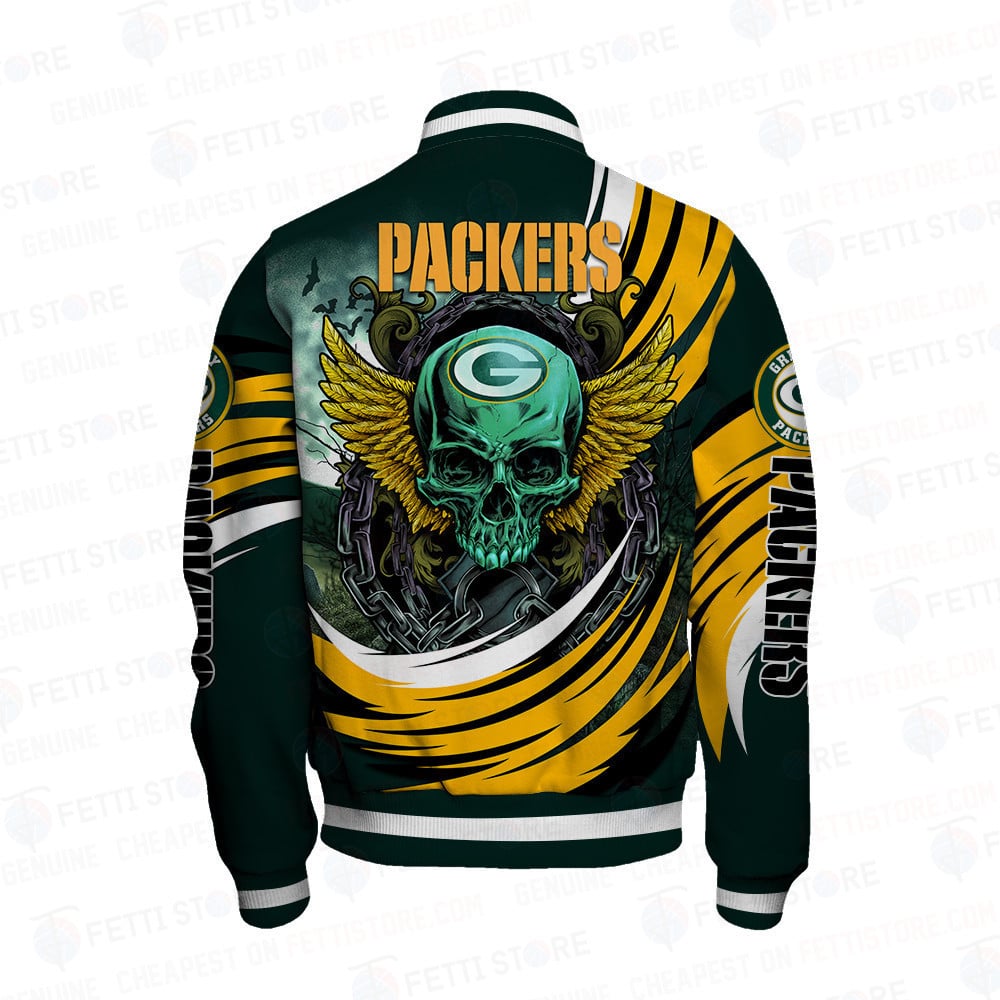 Green Bay Packers Halloween Magic Pattern Varsity Jacket - Famjoys Green Bay Packers Halloween Magic Pattern Varsity Jacket - Famjoys