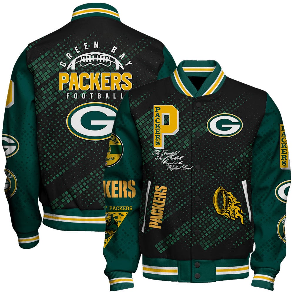 Green Bay Packers National Football League Pattern Varsity Jacket V13 - Famjoys Green Bay Packers National Football League Pattern Varsity Jacket V13 - Famjoys