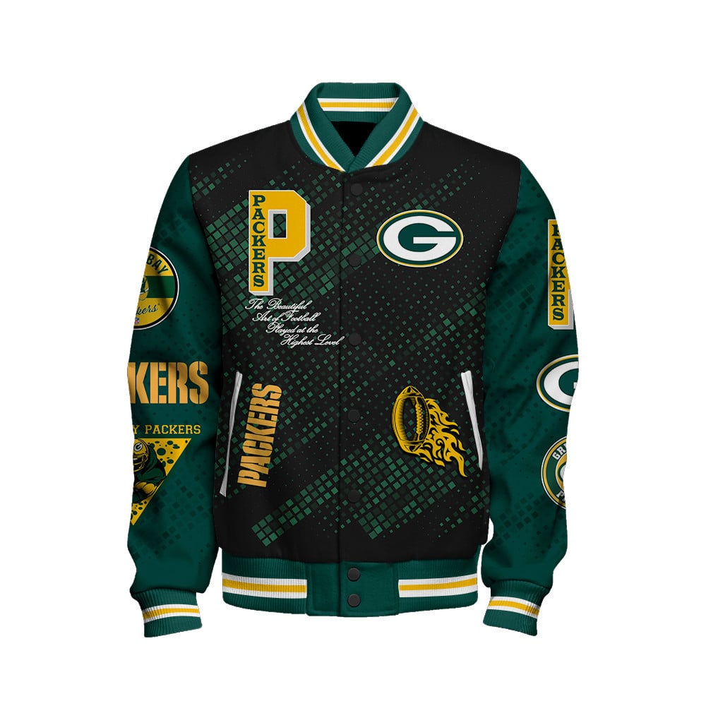 Green Bay Packers National Football League Pattern Varsity Jacket V13 - Famjoys Green Bay Packers National Football League Pattern Varsity Jacket V13 - Famjoys