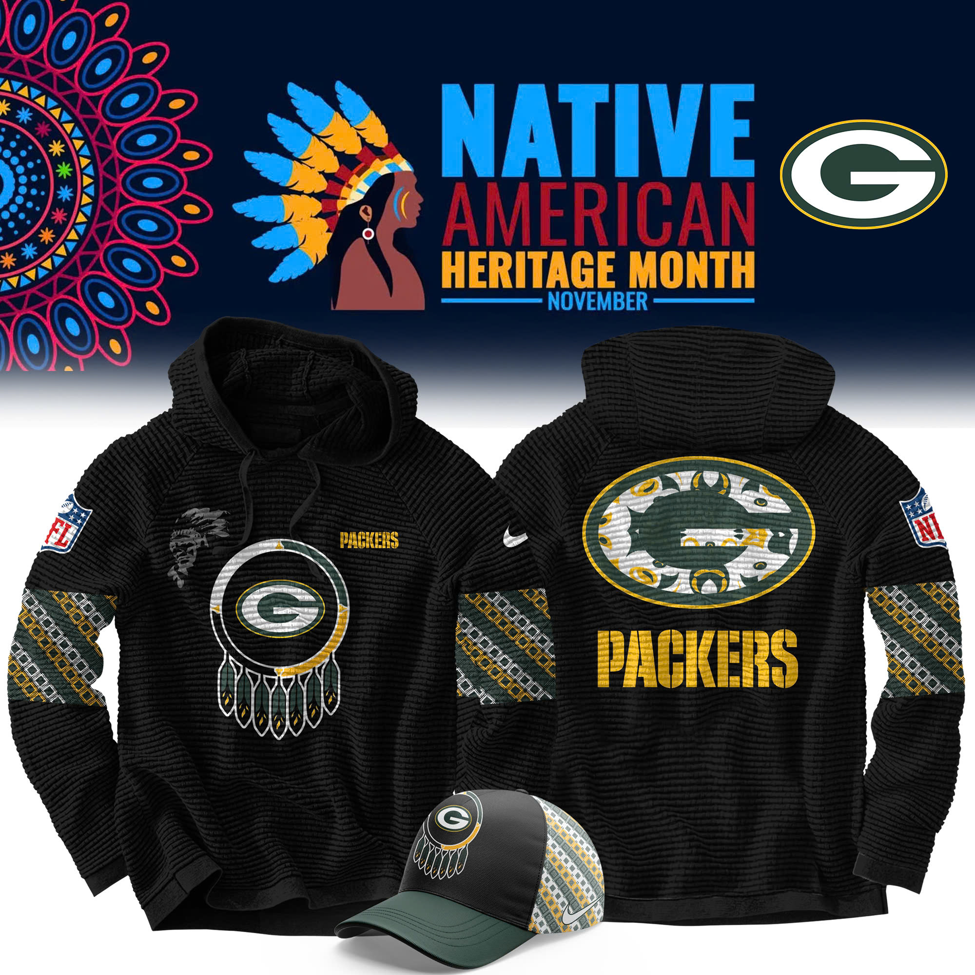 Green Bay Packers Native American Heritage Month Premium Waffle Hoodie - Famjoys Green Bay Packers Native American Heritage Month Premium Waffle Hoodie - Famjoys