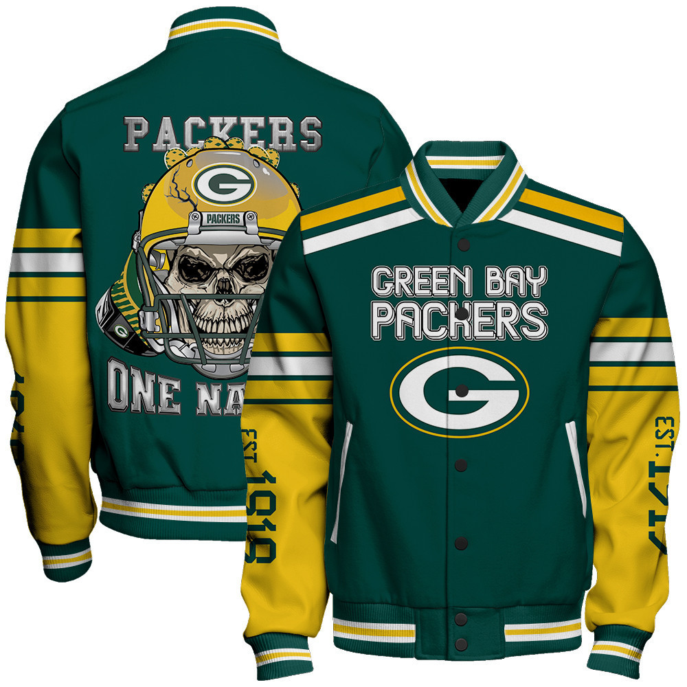 Green Bay Packers Skull And Gloves Pattern Varsity Jacket - Famjoys Green Bay Packers Skull And Gloves Pattern Varsity Jacket - Famjoys