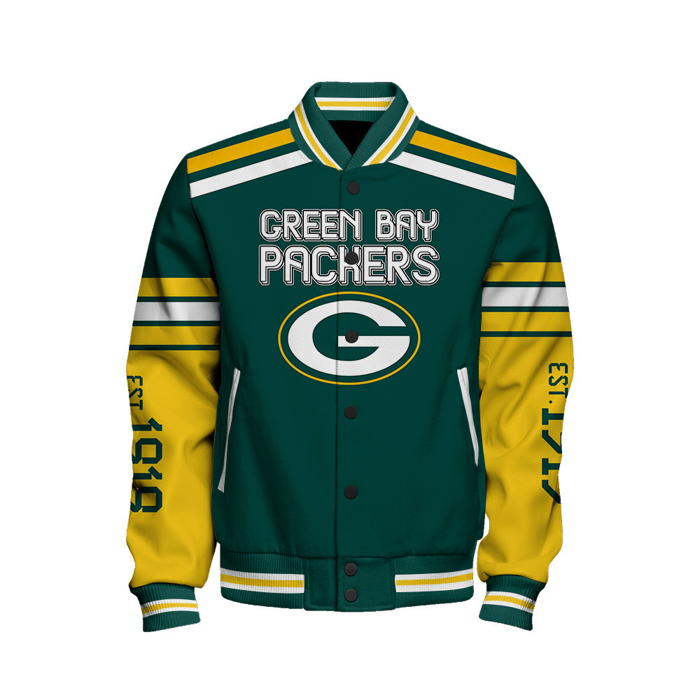 Green Bay Packers Skull And Gloves Pattern Varsity Jacket - Famjoys Green Bay Packers Skull And Gloves Pattern Varsity Jacket - Famjoys