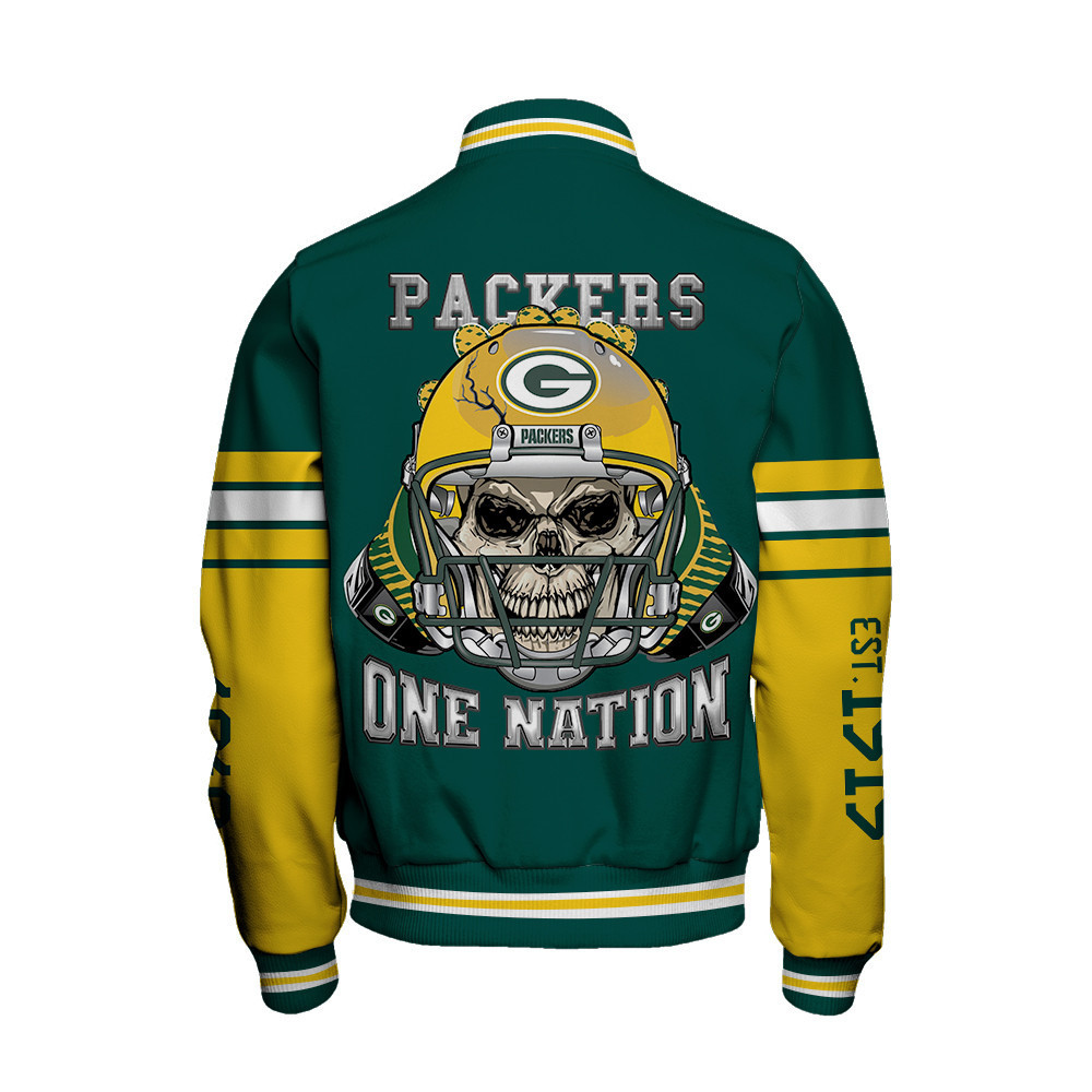 Green Bay Packers Skull And Gloves Pattern Varsity Jacket - Famjoys Green Bay Packers Skull And Gloves Pattern Varsity Jacket - Famjoys