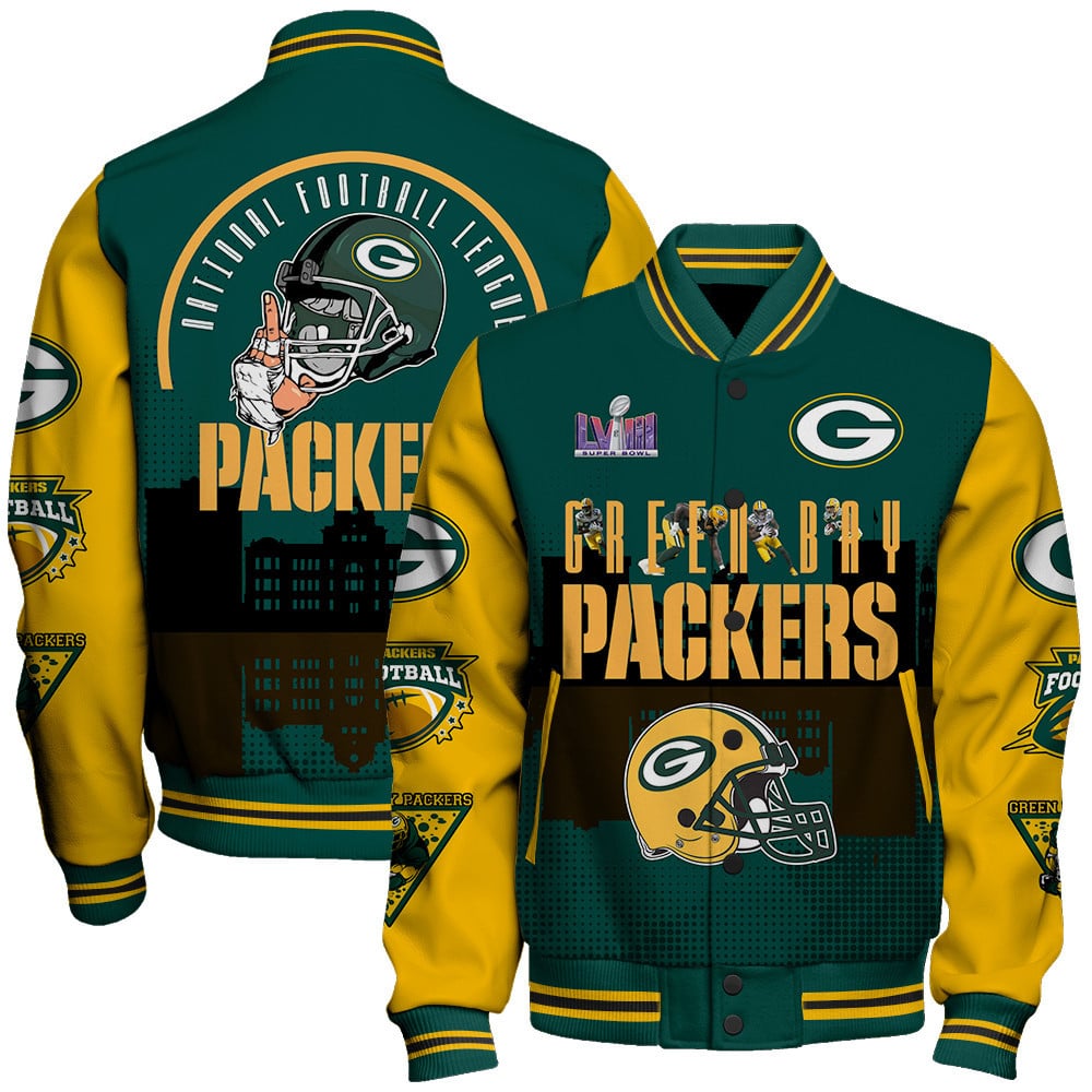 Green Bay Packers Team Logo Player Design Varsity Jacket - Famjoys Green Bay Packers Team Logo Player Design Varsity Jacket - Famjoys