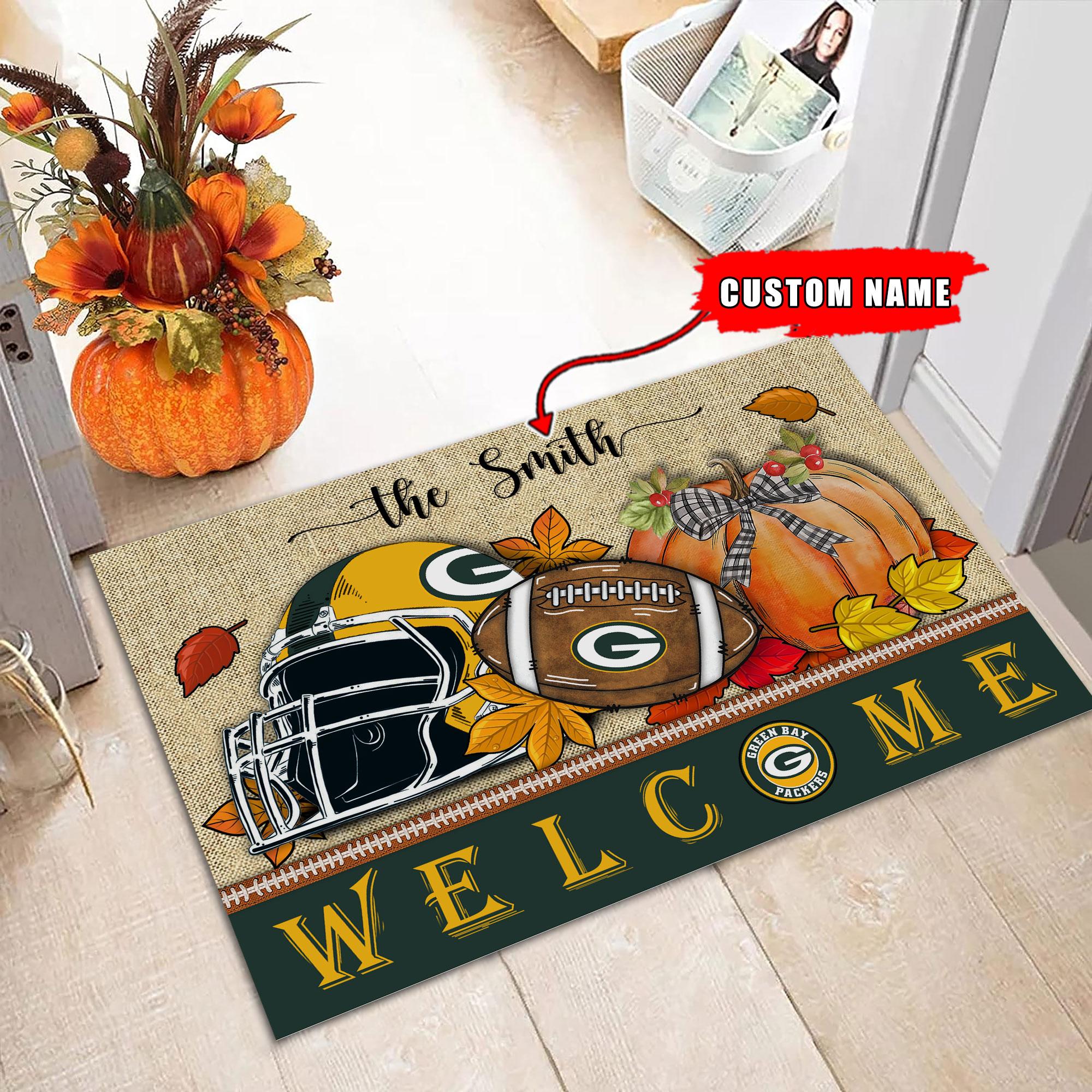 Green Bay Packers Welcome Fall Football Doormat - Famjoys Green Bay Packers Welcome Fall Football Doormat - Famjoys