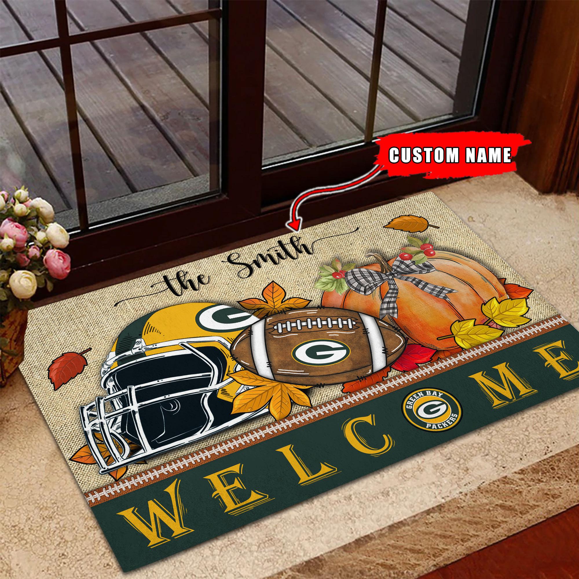 Green Bay Packers Welcome Fall Football Doormat - Famjoys Green Bay Packers Welcome Fall Football Doormat - Famjoys
