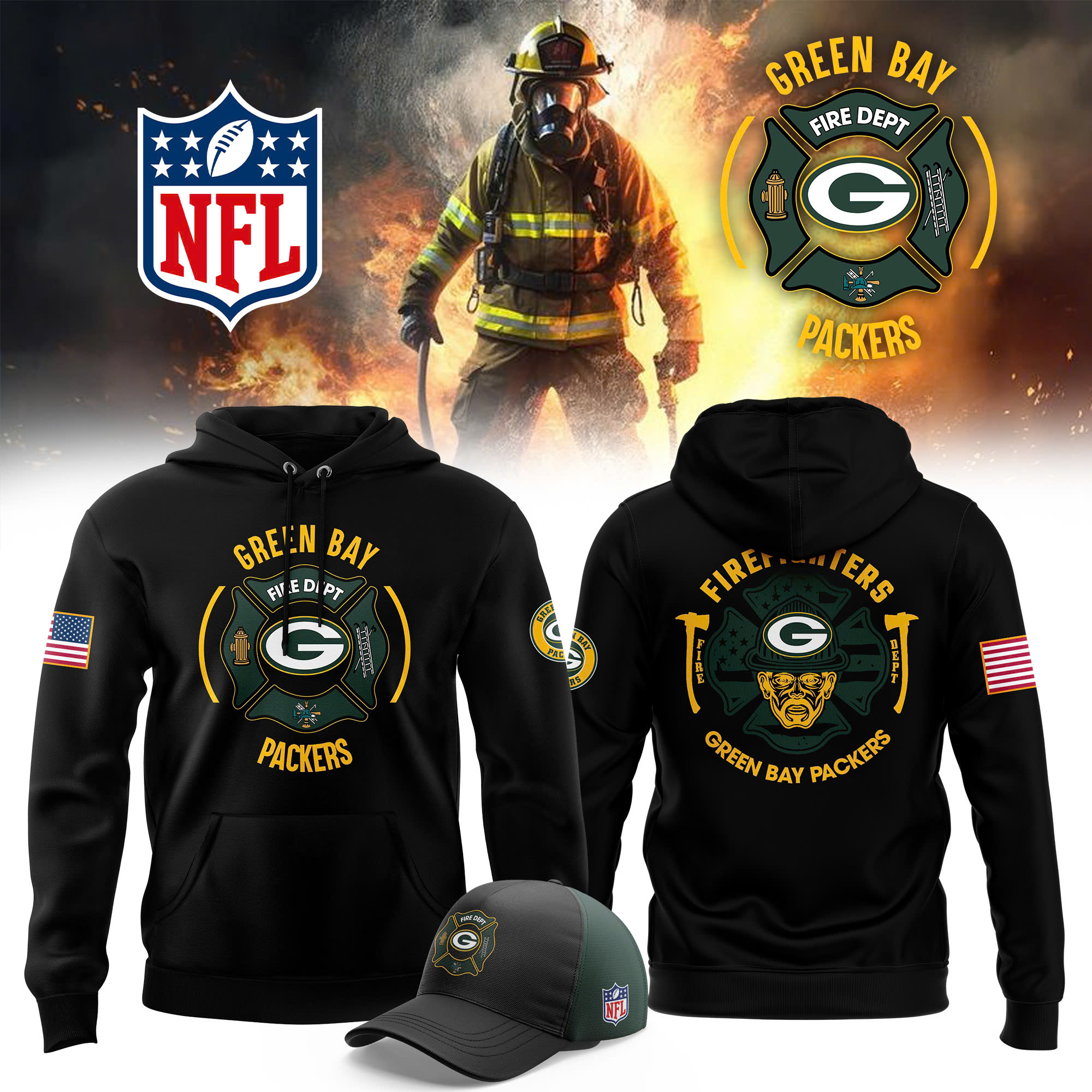 Green Bay Packers x Firefighter Appreciation Night Premium Pullover Hoodie - Famjoys Green Bay Packers x Firefighter Appreciation Night Premium Pullover Hoodie - Famjoys