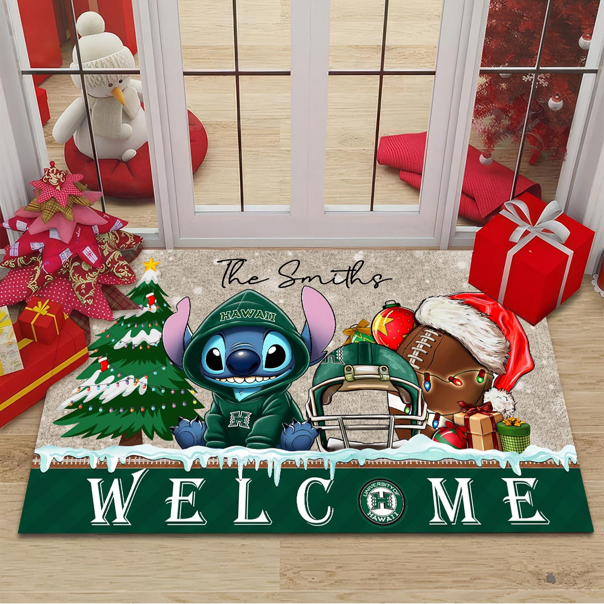 Hawaii Rainbow Warriors Cute Stitch Christmas Doormat