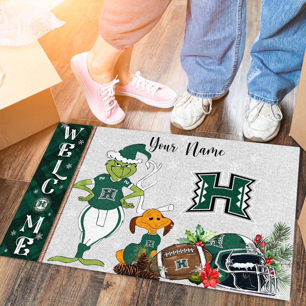 Hawaii Rainbow Warriors Grinch Christmas Welcome Football Doormat - Famjoys Hawaii Rainbow Warriors Grinch Christmas Welcome Football Doormat - Famjoys