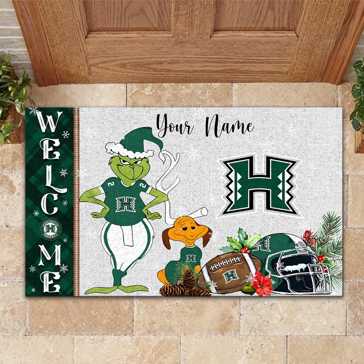 Hawaii Rainbow Warriors Grinch Christmas Welcome Football Doormat - Famjoys Hawaii Rainbow Warriors Grinch Christmas Welcome Football Doormat - Famjoys