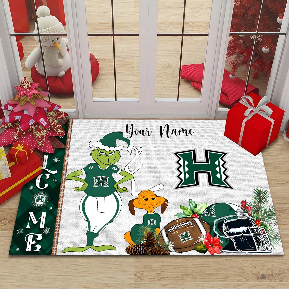 Hawaii Rainbow Warriors Grinch Christmas Welcome Football Doormat - Famjoys Hawaii Rainbow Warriors Grinch Christmas Welcome Football Doormat - Famjoys