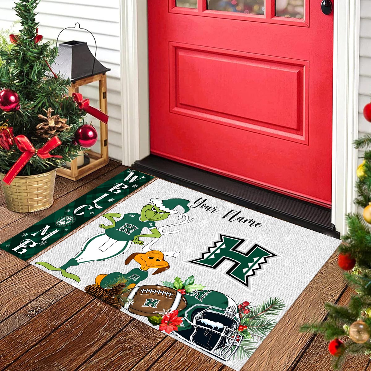 Hawaii Rainbow Warriors Grinch Christmas Welcome Football Doormat - Famjoys Hawaii Rainbow Warriors Grinch Christmas Welcome Football Doormat - Famjoys