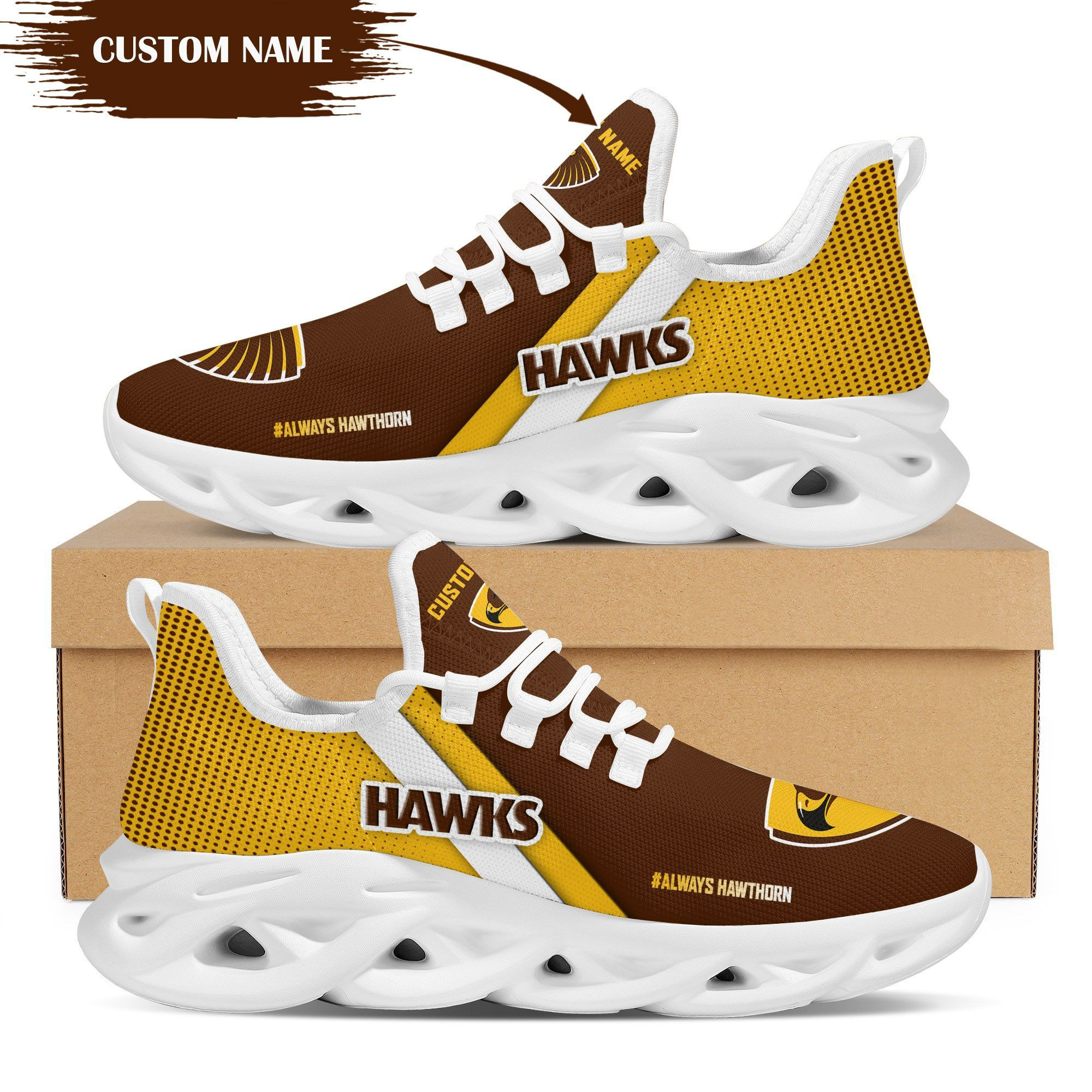 Hawthorn Hawks Custom Personalized Max Soul Sneakers Shoes - Famjoys Hawthorn Hawks Custom Personalized Max Soul Sneakers Shoes - Famjoys