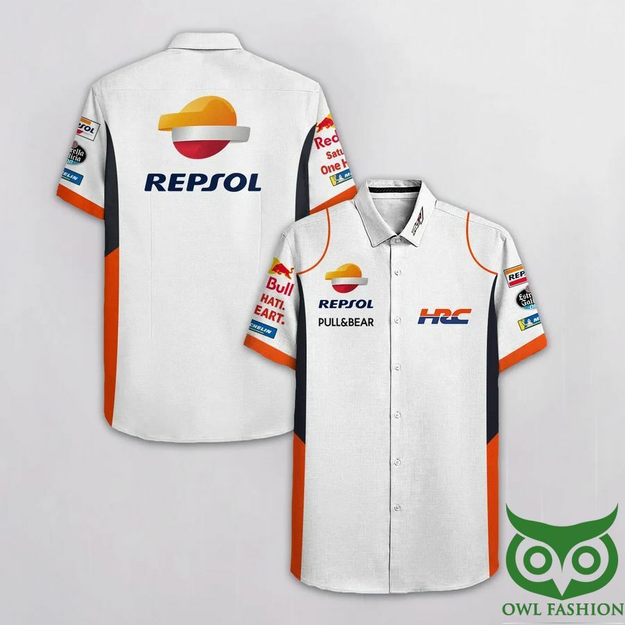 Honda Hrc S Repsol Pull N Bear White And Orange Hawaiian Shirt - Famjoys Honda Hrc S Repsol Pull N Bear White And Orange Hawaiian Shirt - Famjoys