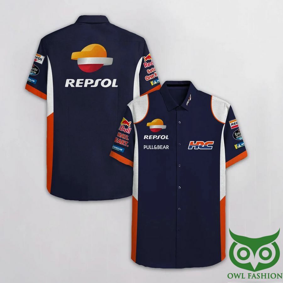 Honda Hrc's Pull N Bear Dark Blue And Orange Hawaiian Shirt - Famjoys Honda Hrc's Pull N Bear Dark Blue And Orange Hawaiian Shirt - Famjoys