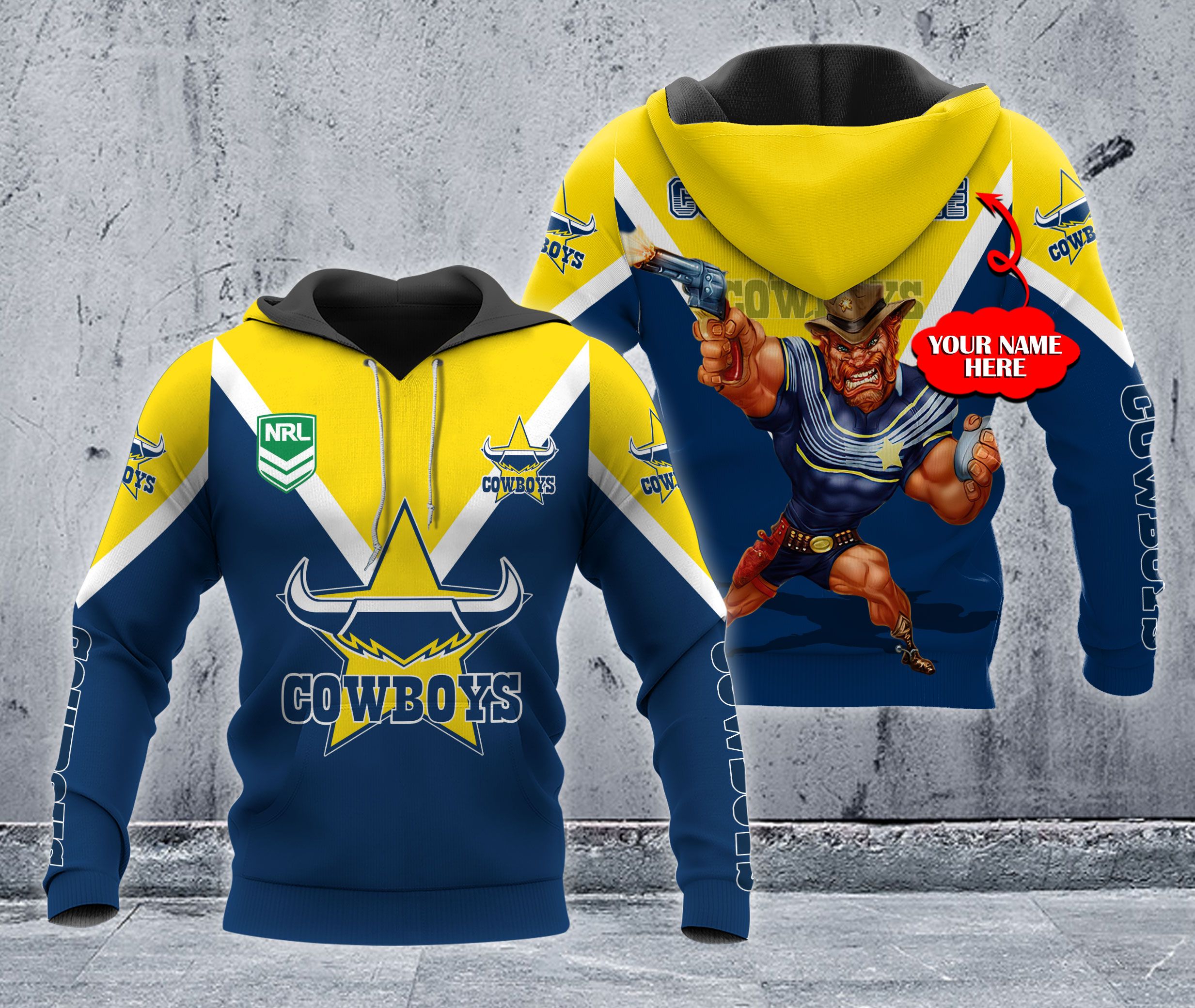 Hoodie North Queensland Cowboys Nrl Mascot Custom Name 3D All Over Print Hoodie - Famjoys Hoodie North Queensland Cowboys Nrl Mascot Custom Name 3D All Over Print Hoodie - Famjoys