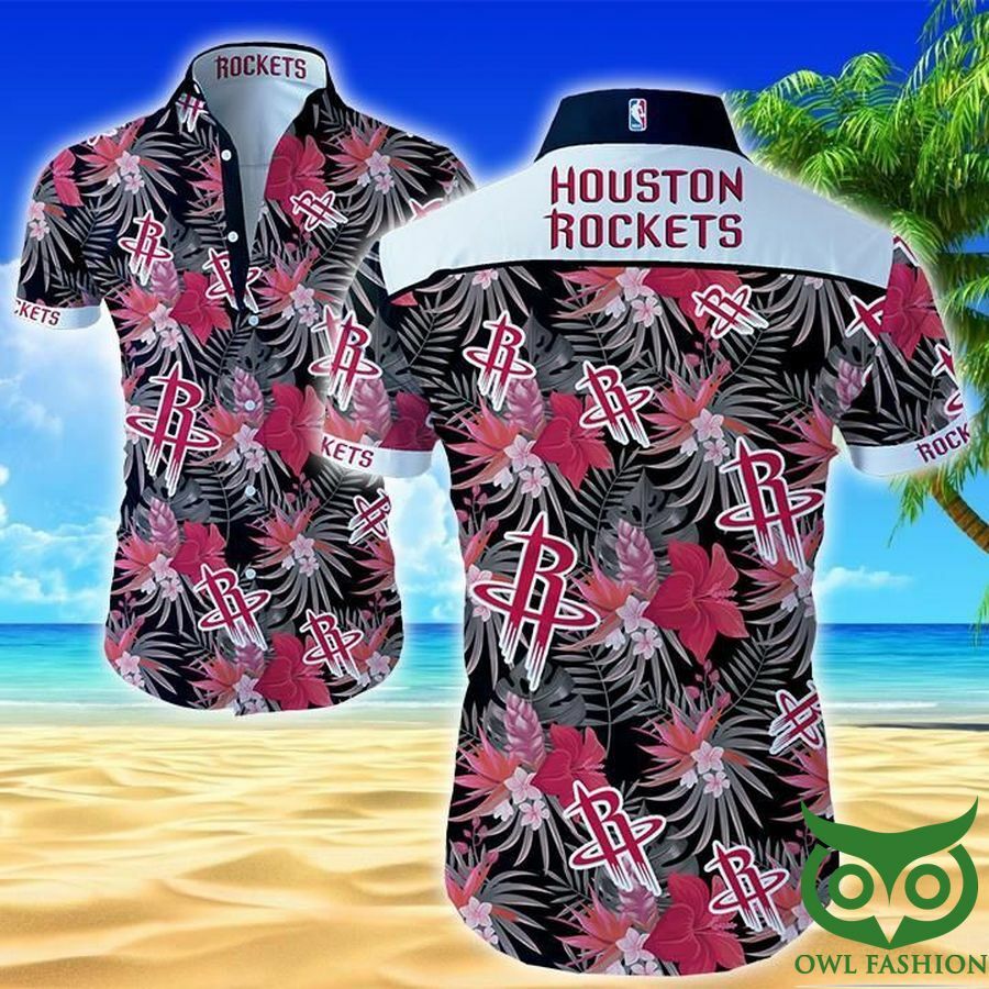 Houston Rockets Black And Pink Red Flowers Hawaiian Shirt - Famjoys Houston Rockets Black And Pink Red Flowers Hawaiian Shirt - Famjoys
