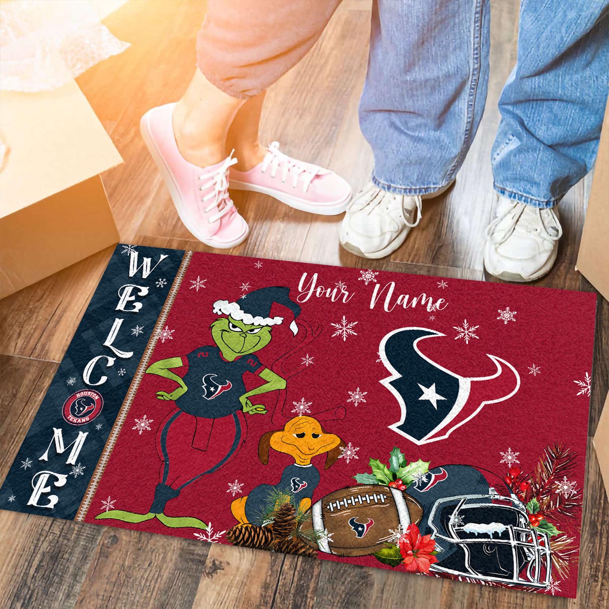 Houston Texans Grinch Christmas Welcome Football Doormat - Famjoys Houston Texans Grinch Christmas Welcome Football Doormat - Famjoys