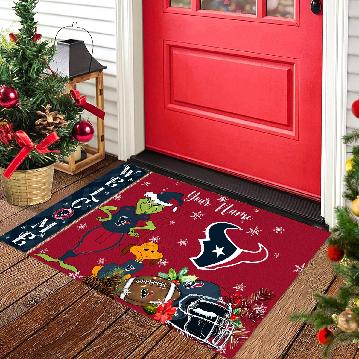 Houston Texans Grinch Christmas Welcome Football Doormat - Famjoys Houston Texans Grinch Christmas Welcome Football Doormat - Famjoys