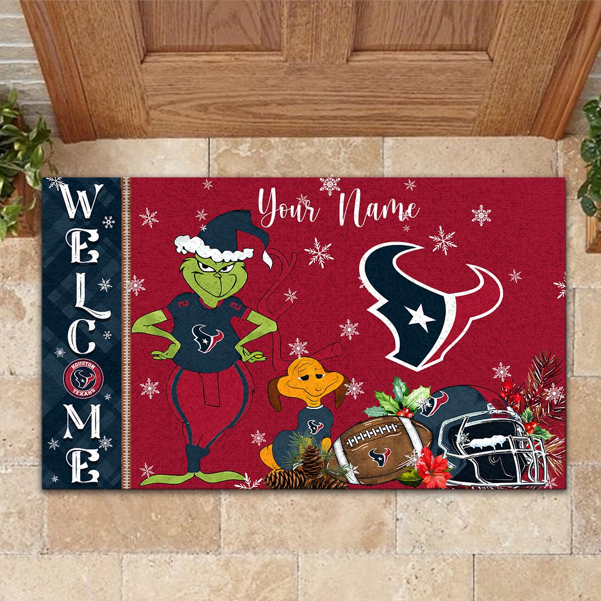 Houston Texans Grinch Christmas Welcome Football Doormat - Famjoys Houston Texans Grinch Christmas Welcome Football Doormat - Famjoys