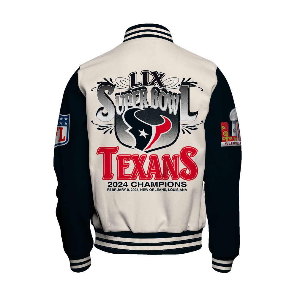 Houston Texans Super Bowl LIX Celebrate The Victory Varsity Jacket - Famjoys Houston Texans Super Bowl LIX Celebrate The Victory Varsity Jacket - Famjoys