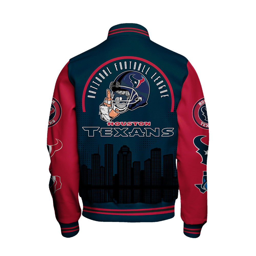Houston Texans Team Logo Player Design Varsity Jacket - Famjoys Houston Texans Team Logo Player Design Varsity Jacket - Famjoys