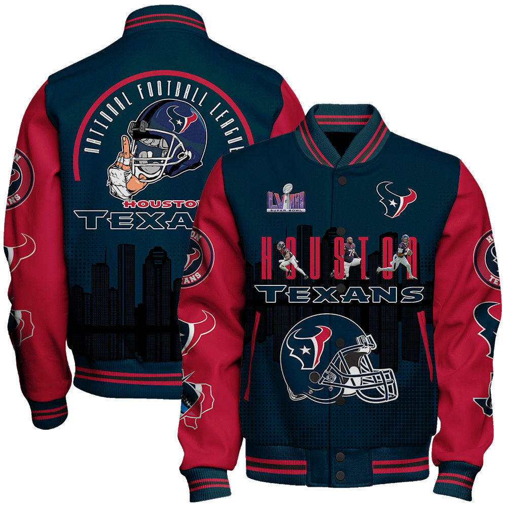 Houston Texans Team Logo Player Design Varsity Jacket - Famjoys Houston Texans Team Logo Player Design Varsity Jacket - Famjoys