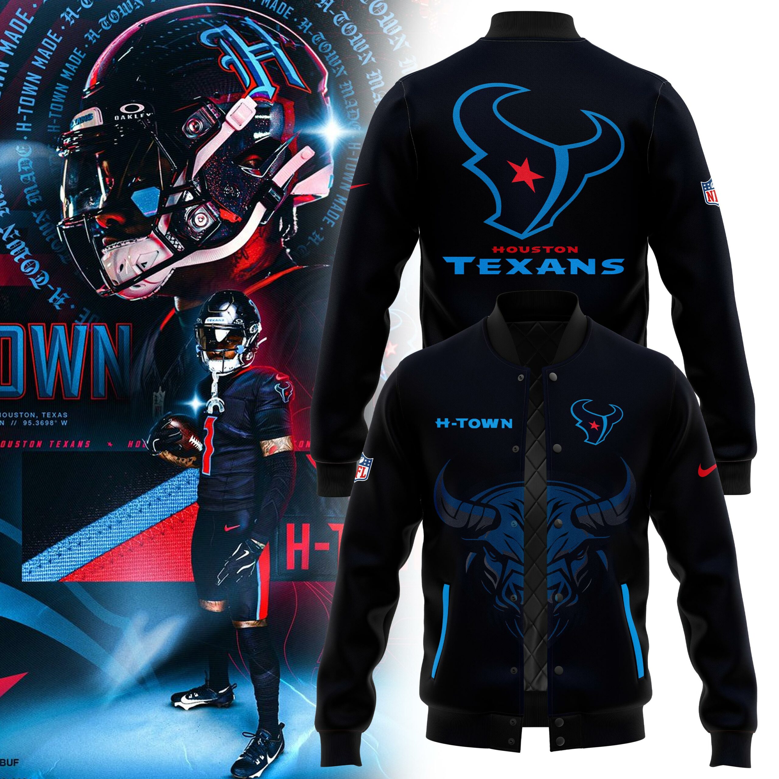 HTown Blue Houston Texans Alternate Game Bomber Jacket - Famjoys HTown Blue Houston Texans Alternate Game Bomber Jacket - Famjoys