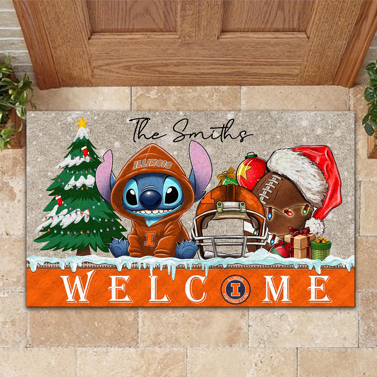Illinois Fighting Illini Cute Stitch Christmas Doormat - Famjoys Illinois Fighting Illini Cute Stitch Christmas Doormat - Famjoys