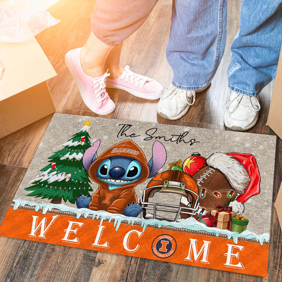 Illinois Fighting Illini Cute Stitch Christmas Doormat - Famjoys Illinois Fighting Illini Cute Stitch Christmas Doormat - Famjoys