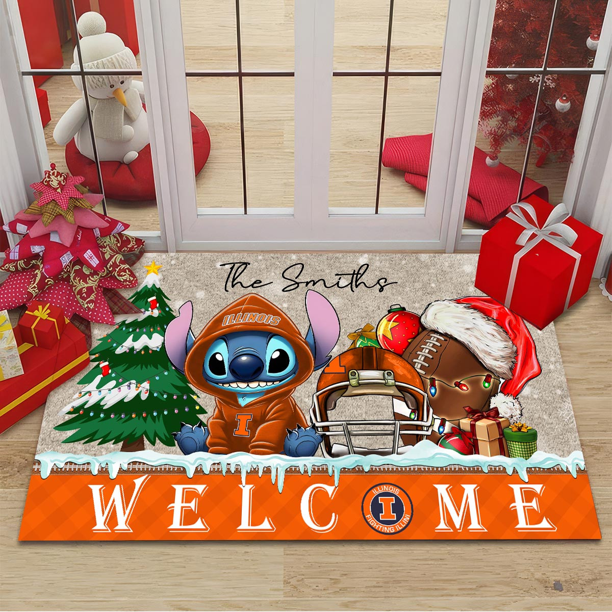 Illinois Fighting Illini Cute Stitch Christmas Doormat - Famjoys Illinois Fighting Illini Cute Stitch Christmas Doormat - Famjoys