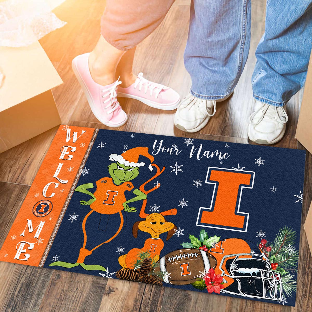 Illinois Fighting Illini Grinch Christmas Welcome Football Doormat - Famjoys Illinois Fighting Illini Grinch Christmas Welcome Football Doormat - Famjoys