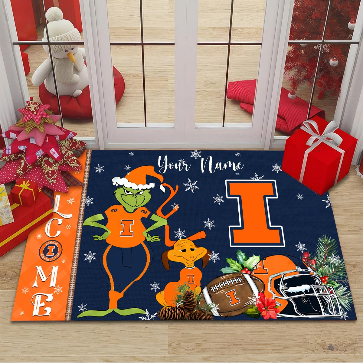 Illinois Fighting Illini Grinch Christmas Welcome Football Doormat - Famjoys Illinois Fighting Illini Grinch Christmas Welcome Football Doormat - Famjoys