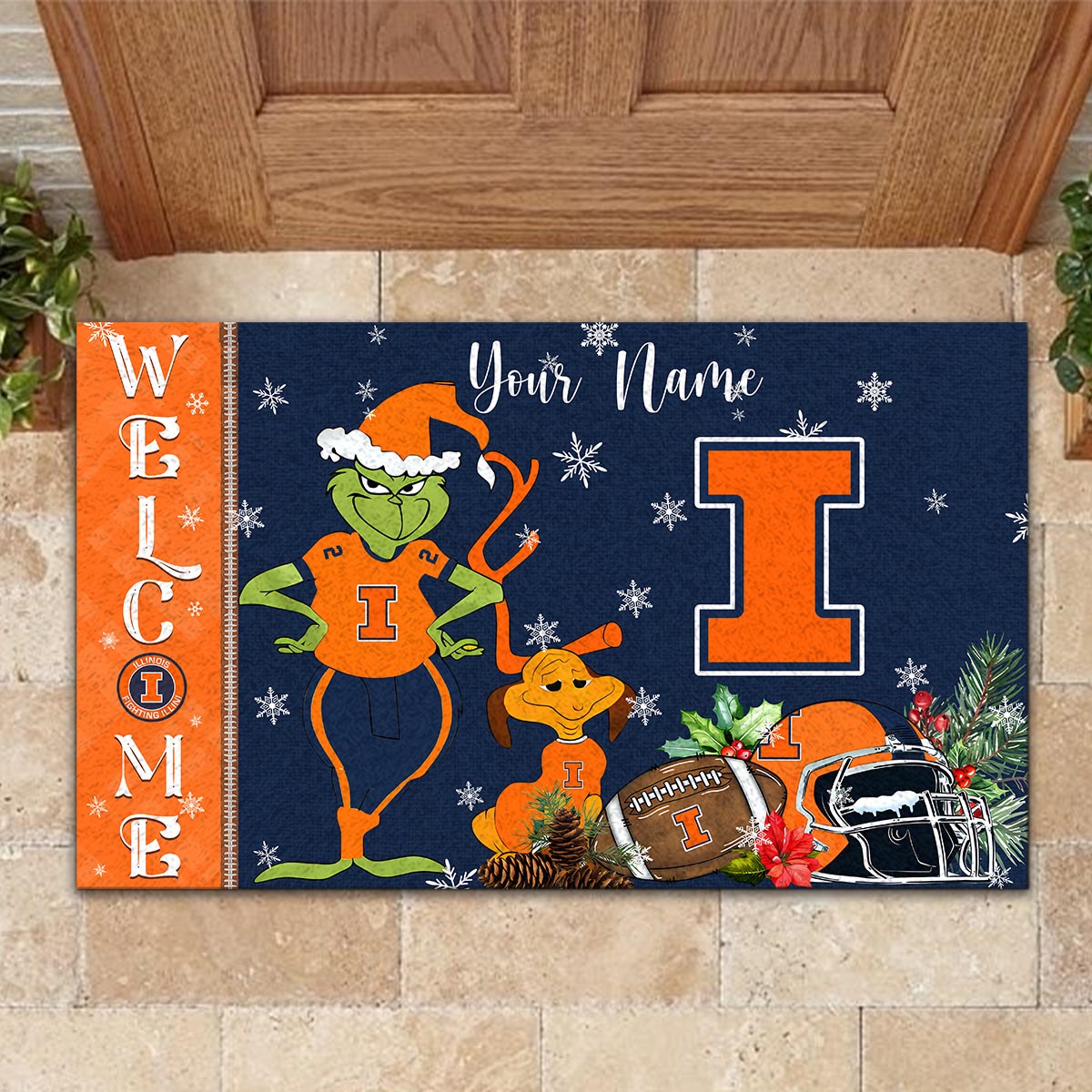 Illinois Fighting Illini Grinch Christmas Welcome Football Doormat - Famjoys Illinois Fighting Illini Grinch Christmas Welcome Football Doormat - Famjoys
