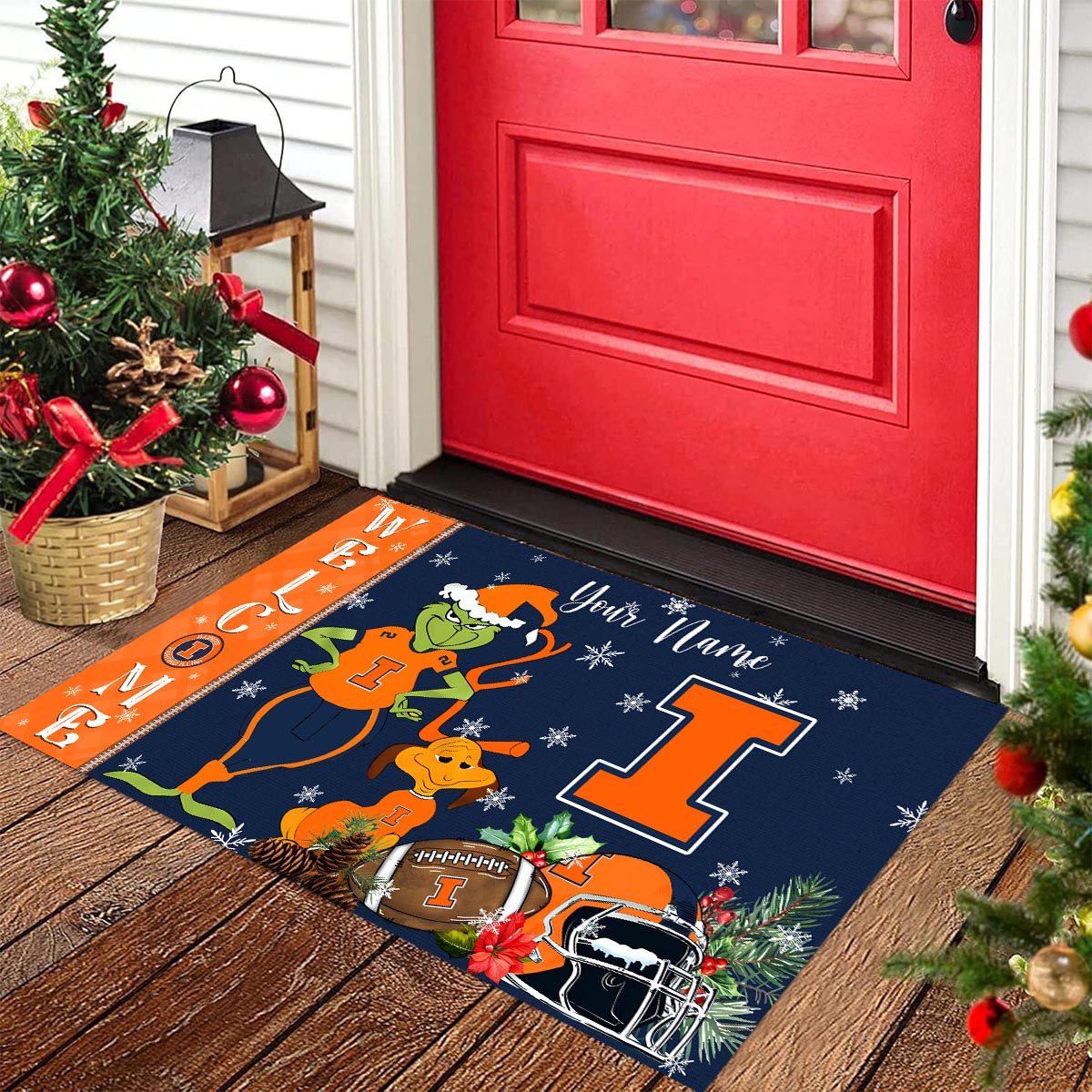Illinois Fighting Illini Grinch Christmas Welcome Football Doormat - Famjoys Illinois Fighting Illini Grinch Christmas Welcome Football Doormat - Famjoys