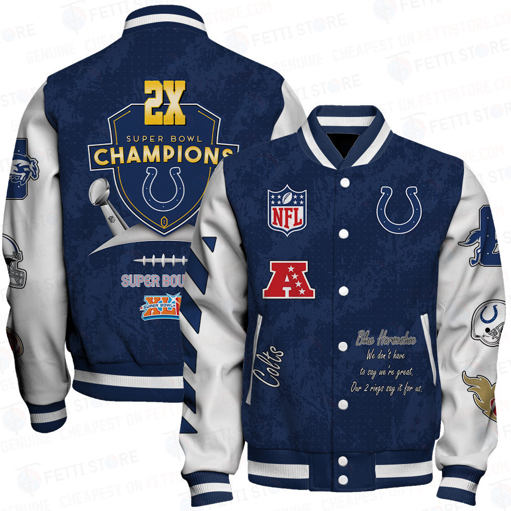 Indianapolis Colts 2X Champions Print Varsity Jacket SFAT V9 - Famjoys Indianapolis Colts 2X Champions Print Varsity Jacket SFAT V9 - Famjoys