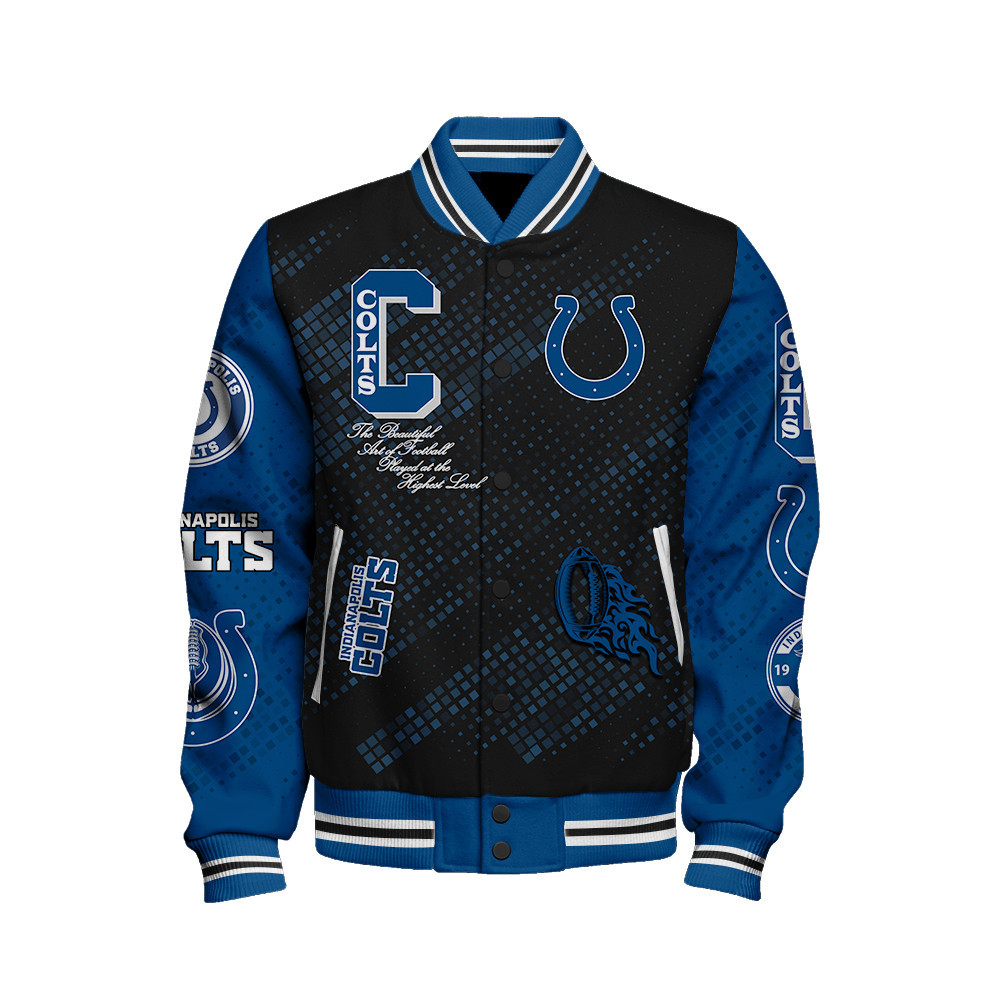 Indianapolis Colts National Football League Pattern Varsity Jacket V13 - Famjoys Indianapolis Colts National Football League Pattern Varsity Jacket V13 - Famjoys
