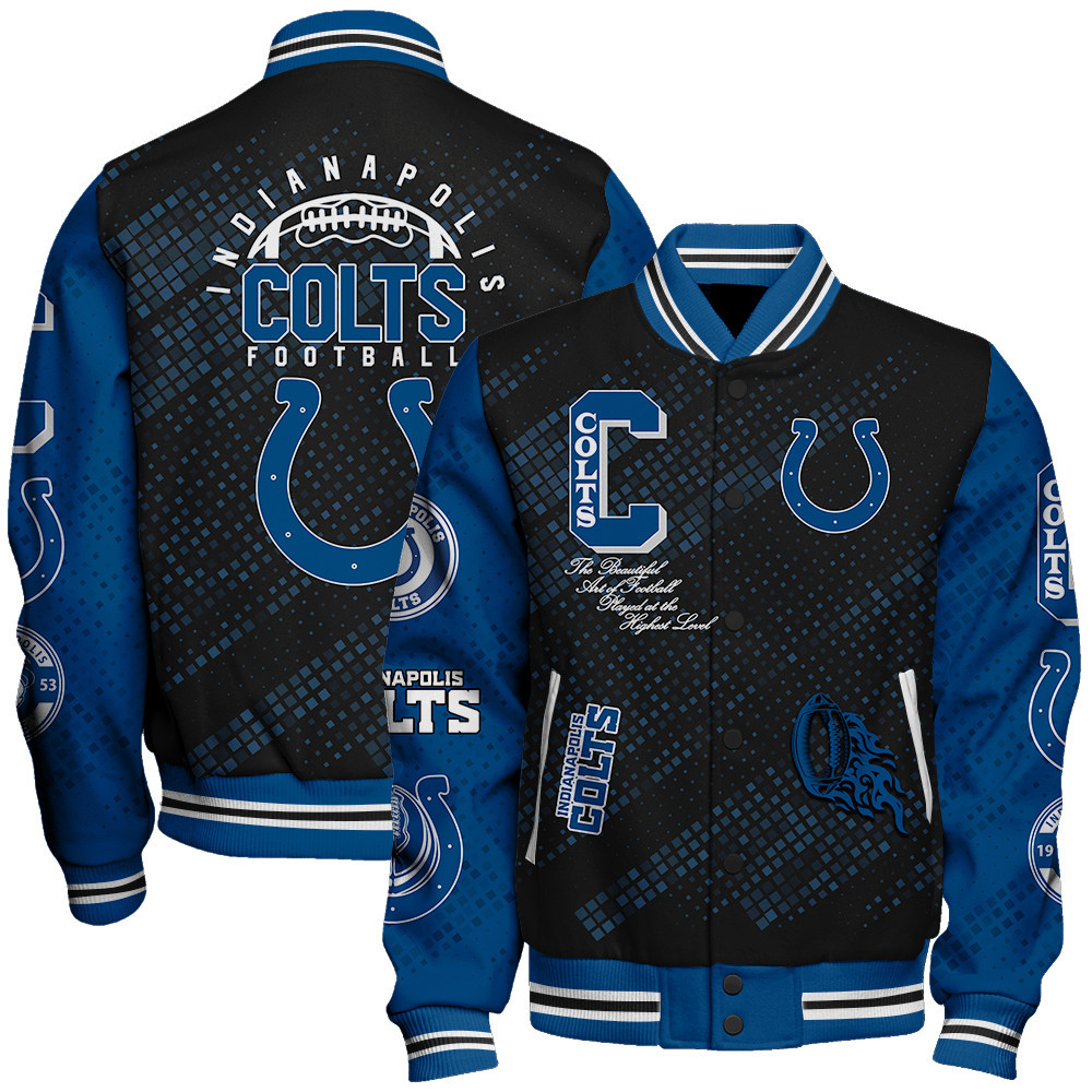 Indianapolis Colts National Football League Pattern Varsity Jacket V13 - Famjoys Indianapolis Colts National Football League Pattern Varsity Jacket V13 - Famjoys