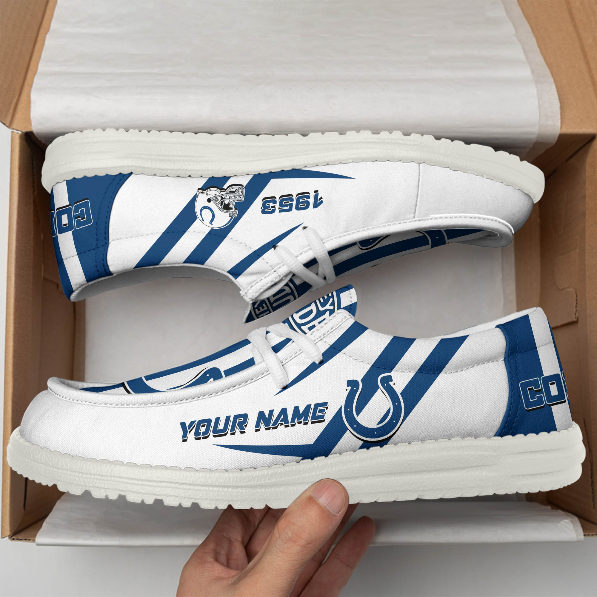 Indianapolis Colts Team White Canvas Loafer Shoes Personalized Your Name - Famjoys Indianapolis Colts Team White Canvas Loafer Shoes Personalized Your Name - Famjoys
