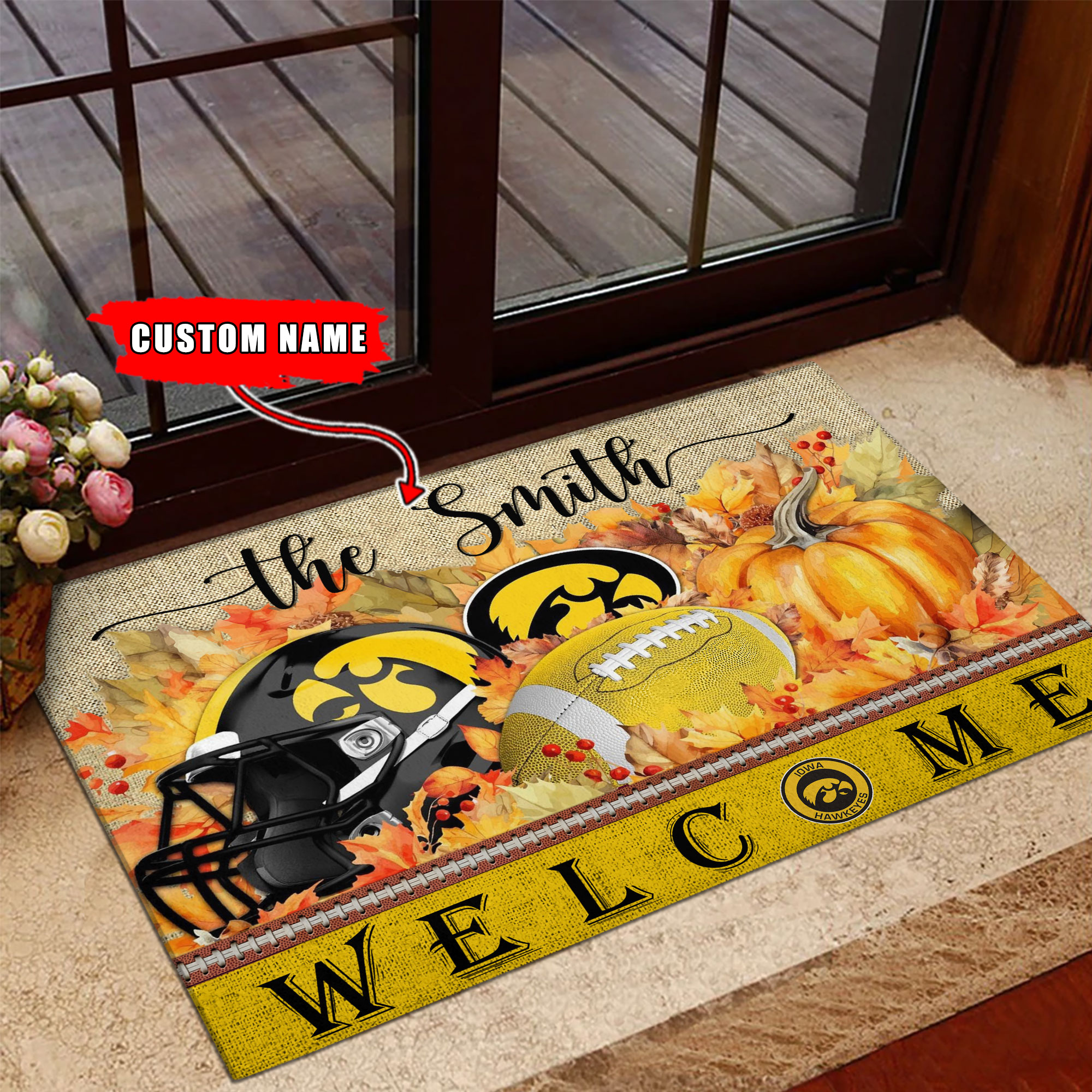 Iowa Hawkeyes Welcome Fall Football Doormat - Famjoys Iowa Hawkeyes Welcome Fall Football Doormat - Famjoys