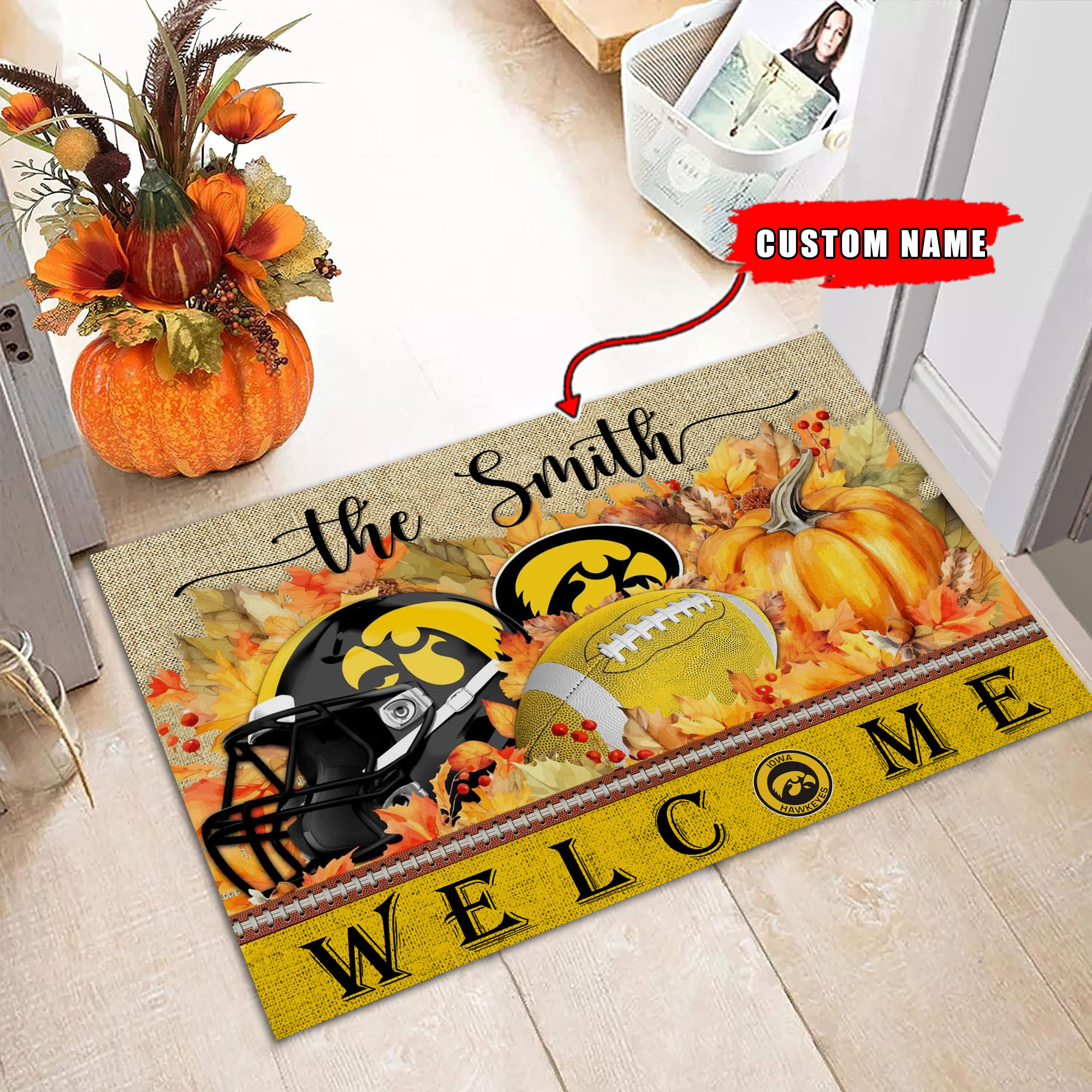 Iowa Hawkeyes Welcome Fall Football Doormat - Famjoys Iowa Hawkeyes Welcome Fall Football Doormat - Famjoys