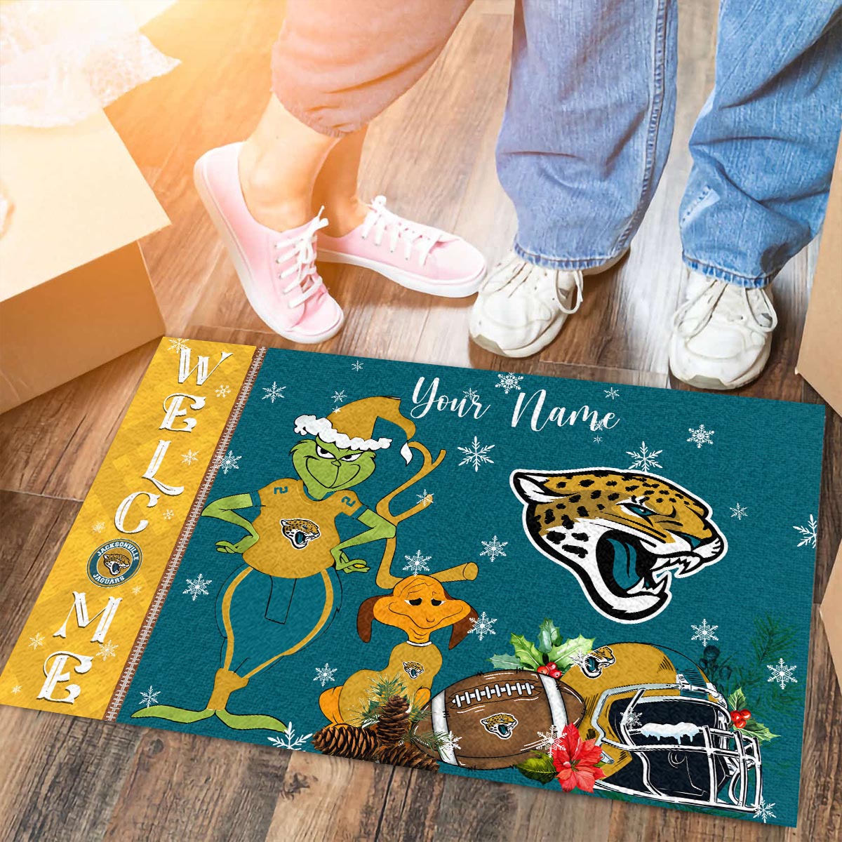 Jacksonville Jaguars Grinch Christmas Welcome Football Doormat - Famjoys Jacksonville Jaguars Grinch Christmas Welcome Football Doormat - Famjoys