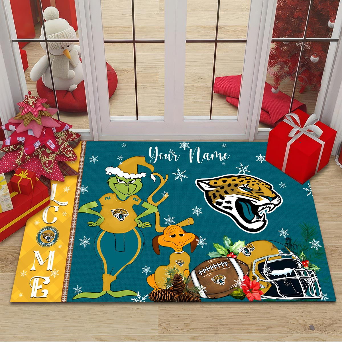 Jacksonville Jaguars Grinch Christmas Welcome Football Doormat - Famjoys Jacksonville Jaguars Grinch Christmas Welcome Football Doormat - Famjoys