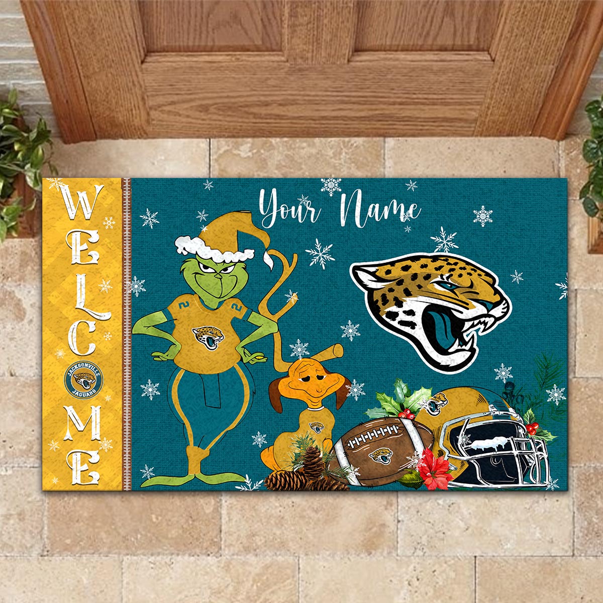 Jacksonville Jaguars Grinch Christmas Welcome Football Doormat - Famjoys Jacksonville Jaguars Grinch Christmas Welcome Football Doormat - Famjoys